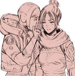 Rule 34 | 2girls, animification, apex legends, breasts, covering face, eyebrows hidden by hair, hair behind ear, hair bun, hood, hooded jacket, jacket, laughing, medium breasts, meriko, multiple girls, open hand, parted bangs, parted lips, scarf, single hair bun, smile, wattson (apex legends), white background, wraith (apex legends), yuri