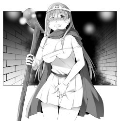 Rule 34 | 1girl, bare shoulders, between legs, blush, boku (akamedou), breasts, brick wall, bridal gauntlets, cape, cleavage, clenched teeth, covered erect nipples, cowboy shot, dragon quest, dragon quest iii, earrings, elbow gloves, embarrassed, female focus, gloves, greyscale, hand between legs, hand up, have to pee, holding, holding staff, indoors, jewelry, large breasts, long hair, miniskirt, monochrome, nose blush, one eye closed, pleated skirt, sage (dq3), shirt, sidelocks, skindentation, skirt, solo, square enix, staff, standing, strapless, strapless shirt, sweat, teeth, tiara, wince
