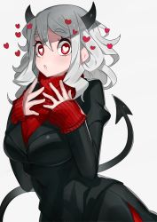Rule 34 | 1girl, black horns, black suit, blush, breasts, commentary, demon girl, demon horns, demon tail, formal, grey background, hair between eyes, heart, heart-shaped pupils, helltaker, highres, horns, large breasts, long sleeves, looking at viewer, modeus (helltaker), muraki (owantogohan), open mouth, painttool sai (medium), red eyes, red sweater, ribbed sweater, short hair, simple background, sleeves past wrists, solo, suit, sweater, symbol-shaped pupils, tail, turtleneck, white hair