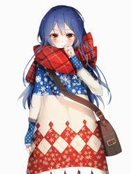Rule 34 | 1girl, bag, benghuai 7, blue hair, christmas, commentary request, dress, hair between eyes, highres, long hair, looking at viewer, love live!, love live! school idol festival, love live! school idol project, scarf, simple background, solo, sonoda umi, white background, winter clothes, yellow eyes