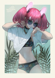 Rule 34 | 1girl, arms up, bikini, bikini under clothes, biting, biting clothes, clothes in mouth, clothes lift, collar, ear piercing, earrings, floral print, hair ornament, jewelry, looking at viewer, mgg (x arte), mouth hold, navel, original, piercing, pink hair, plant, purple-tinted eyewear, purple-tinted glasses, round eyewear, shirt in mouth, shirt lift, short twintails, solo, sunglasses, swimsuit, swimsuit under clothes, tinted eyewear, twintails
