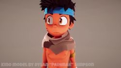 Rule 34 | 1boy, 3d, animated, barefoot, blue headwear, child, detached sleeves, facial mark, looking to the side, male focus, messy hair, open mouth, pants, parimak94, solo, topless male, video