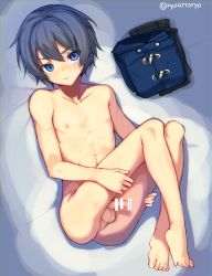 Rule 34 | 1boy, abs, bar censor, barefoot, blue eyes, blue hair, censored, feet, folded clothes, highres, kern (ryou@ryou), looking at viewer, lying, male focus, nipples, nude, on back, on bed, original, penis, perineum, ryou@ryou, short hair, solo, sweat, testicles, toes, twitter username, unworn clothes