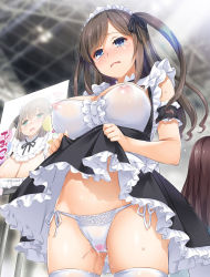 Rule 34 | 1girl, arm garter, blue eyes, breasts, brown hair, clothes lift, covered erect nipples, frilled skirt, frills, hair ribbon, large breasts, lifting own clothes, long hair, maid, maid headdress, nakajima yuka, nipples, open mouth, original, panties, poster (object), pussy juice, ribbon, see-through silhouette, sex toy, skirt, skirt lift, solo focus, tears, thighhighs, two side up, underwear, vibrator, vibrator under clothes, vibrator under panties, white panties, white thighhighs