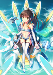 Rule 34 | 1girl, artist name, bare shoulders, blue background, breasts, bridal gauntlets, brown hair, cape, cleavage, hair ornament, hairclip, kuro-kun (nablack), lights, looking at viewer, mecha musume, navel, original, robot, science fiction, sitting, sky, smile, solo, strapless, thighhighs, tube top, white thighhighs, yellow eyes
