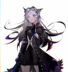 Rule 34 | 1girl, animal ears, arknights, black coat, black dress, black gloves, blood, blood on face, breasts, chain, closed mouth, coat, cowboy shot, dress, elimischa, gloves, grey eyes, hair between eyes, hair ornament, hairclip, highres, jacket, jewelry, lappland (arknights), lappland (refined horrormare) (arknights), long hair, looking at viewer, material growth, necklace, official alternate costume, oripathy lesion (arknights), scar, scar across eye, scar on face, short dress, silver hair, simple background, small breasts, smile, solo, standing, white background, white jacket, wolf ears, wolf girl
