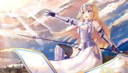 Rule 34 | 1girl, :d, armor, armored dress, black thighhighs, blonde hair, blue eyes, blurry, cloud, cloudy sky, commentary request, depth of field, fate/apocrypha, fate (series), flagpole, gauntlets, headpiece, holding, jeanne d&#039;arc (fate), jeanne d&#039;arc (ruler) (fate), jeanne d&#039;arc (third ascension) (fate), long hair, mobu (wddtfy61), open mouth, sky, smile, solo, thighhighs, twilight, v-shaped eyebrows, wind