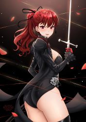 Rule 34 | 1girl, absurdres, artist name, ass, back, black jacket, black leotard, black ribbon, black thighhighs, blush, breasts, commentary, english commentary, flower, frilled sleeves, frills, gloves, hair ribbon, highleg, highleg leotard, highres, holding, holding sword, holding weapon, jacket, large breasts, leotard, leotard under clothes, long hair, long sleeves, looking at viewer, open clothes, open jacket, open mouth, parted lips, persona, persona 5, persona 5 the royal, petals, ponytail, red eyes, red gloves, red hair, ribbon, rose, rose petals, ryuuneart, smile, solo, sword, thighhighs, weapon, yoshizawa kasumi