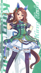 Rule 34 | 1girl, absurdres, animal ears, black gloves, black thighhighs, buttons, dress, ear covers, garter straps, gloves, green dress, hair between eyes, hand on own hip, highres, horse ears, horse girl, horse tail, king halo (umamusume), layered dress, looking at viewer, neko senshi, open mouth, smile, solo, tail, thighhighs, umamusume