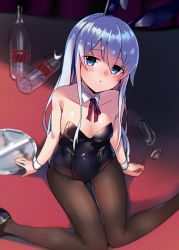 Rule 34 | 1girl, animal ears, bare shoulders, black leotard, blue eyes, blurry, brown pantyhose, cup, detached collar, drinking glass, fake animal ears, hibiki (kancolle), highres, kantai collection, kure (kure ng), leotard, long hair, looking at viewer, neck ribbon, on floor, pantyhose, parted lips, playboy bunny, rabbit ears, ribbon, shadow, shoes, silver hair, sitting, solo, spill, tray, very long hair, wariza, wrist cuffs