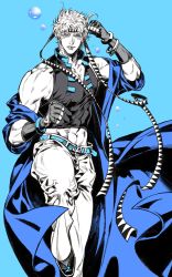 Rule 34 | 1boy, arm up, bangle, battle tendency, belt, birthday, blue background, blue belt, blue coat, blue theme, bracelet, bubble, caesar anthonio zeppeli, chiamo (lmc clm), chinese commentary, clenched hands, closed mouth, coat, commentary request, crop top, facial mark, feather hair ornament, feathers, fingerless gloves, foot out of frame, gloves, green eyes, feather hair ornament, hand up, headband, highres, jewelry, jojo no kimyou na bouken, leg up, limited palette, long coat, looking at viewer, male focus, midriff, muscular, muscular male, navel, pants, partially colored, short hair, simple background, sleeveless, solo, triangle print, v-neck