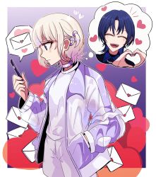 Rule 34 | 2girls, blonde hair, blue hair, blush, cellphone, choker, closed eyes, hand in pocket, heart, heart hands, highres, hiodoshi ao, hololive, hololive dev is, jacket, letter, love letter, mole, mole under mouth, multiple girls, phone, purple choker, purple eyes, purple jacket, shorts, smartphone, thought bubble, todoroki hajime, vegs, virtual youtuber