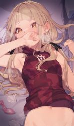 Rule 34 | 1girl, armpits, bare arms, bare shoulders, bed sheet, black ribbon, blonde hair, blush, bottomless, breasts, commentary request, condom, covering own mouth, eyes visible through hair, groin, hair ribbon, hand over own mouth, heavy breathing, highres, hikichi sakuya, implied sex, long sleeves, looking at viewer, low twintails, lying, navel, on back, out-of-frame censoring, pillow, red riding hood (sinoalice), ribbon, sheet grab, sinoalice, sleeveless, small breasts, solo, twintails, upper body, used condom, used tissue, yellow eyes