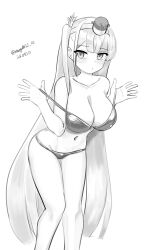 1boy absurdres bikini_pull breasts cleavage clothes_pull collarbone dated feet_out_of_frame fuyutsuki_(kancolle) headgear highres kantai_collection large_breasts long_hair looking_at_viewer maru_(marg0613) monochrome one-hour_drawing_challenge one_side_up solo twitter_username very_long_hair