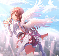 Rule 34 | 1girl, absurdres, angel wings, ass, bird, blue sailor collar, blue sky, blush, building, citrusmikan, city, cityscape, cloud, cloudy sky, day, feathered wings, from behind, hair ornament, highres, idolmaster, idolmaster shiny colors, long hair, long sleeves, looking at viewer, looking back, open mouth, osaki amana, outdoors, red hair, red shorts, sailor collar, scenery, shirt, shorts, sky, smile, solo, swept bangs, waving, white shirt, white wings, wings, yellow eyes
