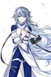 Rule 34 | 1girl, black gloves, blue eyes, blue pants, chilly7chilly, clenched hands, commentary, floating hair, fu hua, fu hua (azure empyrea), fu hua (taixuan impression), gloves, grey hair, hair between eyes, honkai (series), honkai impact 3rd, long hair, looking at viewer, pants, partially fingerless gloves, simple background, solo, standing, very long hair, white background