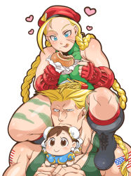 Rule 34 | 1990s (style), 1boy, 2girls, ahoge, american flag, bad id, bad pixiv id, beret, blonde hair, blue eyes, blush, boots, braid, breasts, brown eyes, brown hair, bun cover, burger, cammy white, capcom, carrying, chibi, china dress, chinese clothes, chun-li, combat boots, doboshiru, double bun, dress, eating, fingerless gloves, food, food on face, french fries, gloves, guile, hair bun, hat, huge ahoge, large breasts, leotard, mini person, minigirl, multiple girls, muscular, raised eyebrow, retro artstyle, scar, shoulder carry, smile, socks, street fighter, street fighter ii (series), tattoo, thick thighs, thighs, twin braids