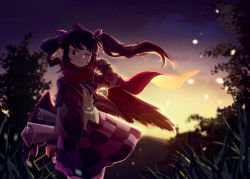 Rule 34 | 1girl, arm behind head, dark, furahata gen, grass, hair blowing, highres, himekaidou hatate, light particles, night, night sky, one eye closed, paper roll, purple eyes, red scarf, scarf, sky, smile, solo, star (sky), sunset, touhou, tree, twintails, wings