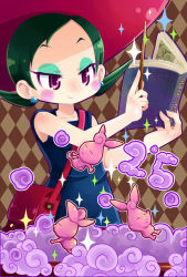 Rule 34 | 1girl, bag, blue eyeshadow, blush, book, earrings, eyeshadow, fairy, female focus, flat chest, green hair, hat, holding, jewelry, magic, makeup, maple (zelda), marono piyoichi, nintendo, open book, purple eyes, smile, solo, sparkle, spell, standing, the legend of zelda, the legend of zelda: oracle of ages, the legend of zelda: oracle of seasons, twintails, wand, witch, witch hat