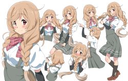Rule 34 | 1girl, ao iro, arm warmers, black socks, blush, bow, bowtie, braid, brown eyes, cloud hair ornament, cowboy shot, expressions, full body, gradient hair, highres, kantai collection, kneehighs, light brown hair, long hair, looking at viewer, minegumo (kancolle), multicolored hair, multiple views, plaid neckwear, pleated skirt, red eyes, red neckwear, school uniform, shirt, simple background, skirt, smile, socks, suspender skirt, suspenders, twin braids, upper body, white background, white shirt