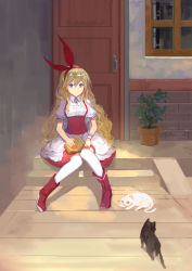 Rule 34 | 1girl, absurdres, apron, ascot, blonde hair, blue eyes, book, boots, cat, door, dress, ellen (touhou), full body, hairband, highres, lamase (41), long hair, looking at viewer, open book, outdoors, puffy sleeves, red footwear, short sleeves, sitting, smile, sokrates (touhou), stairs, touhou, touhou (pc-98), waist apron, wrist cuffs