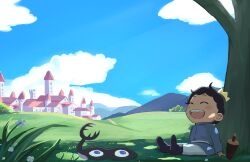 Rule 34 | 1boy, :d, ^ ^, absurdres, black footwear, black hair, blue shirt, blue sky, blue tunic, blush, bojji, boots, castle, closed eyes, cloud, commentary, crown, day, deaf, english commentary, flower, grass, happy, highres, hill, kage (ousama ranking), kato yuurina, long sleeves, mini crown, mountain, on grass, open mouth, ousama ranking, outdoors, pants, path, plant, road, scenery, shade, shirt, short hair, sitting, sky, smile, teeth, tree, tree shade, tunic, upper teeth only, white flower, white pants