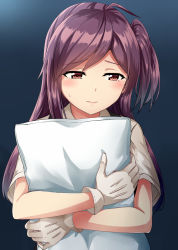 Rule 34 | 1girl, ahoge, black vest, blouse, blush, brown eyes, closed mouth, commentary request, gloves, hagikaze (kancolle), hair between eyes, highres, holding, holding pillow, kamelie, kantai collection, long hair, looking down, hugging object, one side up, pillow, pillow hug, purple hair, shirt, side ponytail, simple background, solo, sweatdrop, vest, white gloves, white shirt
