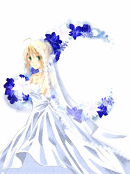 Rule 34 | 1girl, ahoge, artoria pendragon (all), artoria pendragon (fate), blonde hair, blush, bouquet, bow, breasts, bridal veil, cleavage, dress, fate/stay night, fate (series), flower, green eyes, official alternate costume, saber (fate), saber (royal dress) (fate), serino itsuki, smile, solo, veil, wedding dress, white s