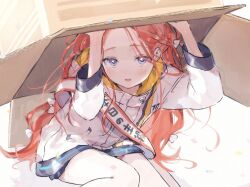 Rule 34 | 1girl, blue archive, blue eyes, bow, box, braid, cardboard box, forehead, hair bow, jacket, long hair, long sleeves, looking at viewer, multiple hair bows, nrnroooo, open mouth, red hair, solo, white bow, white jacket, yuzu (blue archive)
