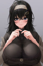 Rule 34 | 1girl, ahoge, black hair, black sweater, blush, breasts, brown coat, brown hairband, closed mouth, coat, commentary, commentary request, crossed bangs, embarrassed, english commentary, fingernails, furrowed brow, grey background, hair between eyes, hair ornament, hairband, hairclip, hands up, highres, huge breasts, iro (boo iro), korean commentary, long fingernails, long hair, looking at viewer, mixed-language commentary, mole, mole under eye, open clothes, open coat, original, purple eyes, simple background, solo, straight-on, sweatdrop, sweater, unkempt, upper body, wavy mouth