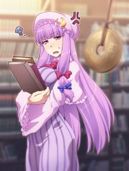 Rule 34 | 1girl, anger vein, blue bow, blush, book, bookshelf, bow, breasts, capelet, commentary request, cowboy shot, crescent, crescent hair ornament, dress, frilled sleeves, frills, hair bow, hair ornament, hat, head tilt, highres, holding, holding book, hypnosis, indoors, large breasts, long hair, long sleeves, looking at viewer, mind control, mob cap, nose blush, ootsuki wataru, open mouth, patchouli knowledge, purple capelet, purple dress, purple eyes, purple hair, purple hat, red bow, red neckwear, sidelocks, solo, standing, striped clothes, striped dress, sweat, touhou, vertical-striped clothes, vertical-striped dress, very long hair, wide sleeves, wing collar
