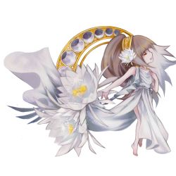 Rule 34 | 1girl, ancient greek clothes, closed eyes, deemo, flower, girl (deemo), greco-roman clothes, hair flower, hair ornament, hand on own chest, highres, la promesse (deemo), official art, peplos, skirt, solo