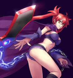 Rule 34 | 1girl, aq interactive, arcana heart, arcana heart 3, ass, atlus, breasts, cape, chain, cleavage, examu, fang, fingernails, grin, long hair, looking back, midriff, nibai, red hair, scharlachrot, short shorts, shorts, smile, solo, twintails, very long hair, weapon, yellow eyes