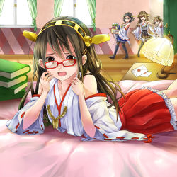 Rule 34 | 10s, 4girls, bare shoulders, bespectacled, black hair, boots, brown eyes, brown hair, detached sleeves, glasses, hair ornament, hairband, hairclip, haruna (kancolle), headgear, hiei (kancolle), highres, japanese clothes, kantai collection, kirishima (kancolle), kongou (kancolle), long hair, mioriri, multiple girls, nontraditional miko, open mouth, personification, ribbon-trimmed sleeves, ribbon trim, short hair, thigh boots, thighhighs