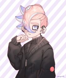 Rule 34 | 1boy, artist name, black sweater, blue eyes, blue hair, commentary, earrings, gradient hair, hair between eyes, highres, jewelry, long hair between eyes, male focus, mixed-language commentary, mohawk, multicolored hair, nintendo, norishiitsu, octoling, octoling boy, octoling player character, parted lips, pink hair, purple background, short hair, solo, splatoon (series), splatoon 3, striped background, sweater, tears, teeth, tentacle hair, thick eyebrows, twitter username, two-tone background, two-tone hair, white background