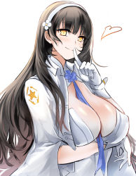 Rule 34 | 1girl, bad id, bad pixiv id, black hair, blush, breasts, cleavage, closed mouth, flower, girls&#039; frontline, gloves, hair flower, hair ornament, hairband, heart, highres, large breasts, long hair, looking at viewer, type 95 (girls&#039; frontline), shirt, smile, solo, suru (ksoo420), upper body, white gloves, white hairband, white shirt, yellow eyes