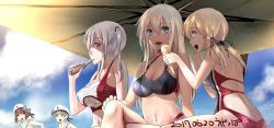 Rule 34 | 10s, 5girls, :d, alternate costume, anchor hair ornament, ass, back, bare back, bare shoulders, beach umbrella, beret, bikini, bikini top only, bismarck (kancolle), black bikini, black ribbon, blue eyes, blue sky, blunt bangs, blush, bow, breasts, butt crack, casual one-piece swimsuit, closed mouth, clothes writing, clothing cutout, cloud, covered erect nipples, crossed legs, dated, day, drinking, food, graf zeppelin (kancolle), green eyes, hair ornament, hair ribbon, hair tie, hand on own knee, hat, hat bow, ice cream, ice cream cone, kantai collection, large breasts, long hair, low twintails, medium breasts, multiple girls, navel, no headwear, one-piece swimsuit, open mouth, outdoors, prinz eugen (kancolle), profile, purple eyes, red eyes, red hair, ribbon, round teeth, sailor collar, short hair, shoulder blades, sidelocks, signature, silver hair, simple background, sitting, sky, smile, stomach, striped, striped bow, swimsuit, teeth, twintails, ugeppa, umbrella, underboob, underboob cutout, upper body, white hat, z1 leberecht maass (kancolle), z3 max schultz (kancolle)