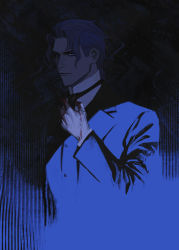 Rule 34 | 1boy, ace attorney, barok van zieks, blood, blood on hands, blue background, blue eyes, blue hair, blue jacket, blue theme, closed mouth, gloves, hand up, highres, jacket, looking at viewer, male focus, raycrodu h, short hair, solo, the great ace attorney, upper body, white gloves