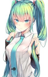 Rule 34 | 1girl, blush, detached sleeves, green eyes, green hair, hair between eyes, hatsune miku, highres, kiseno, long hair, nail polish, necktie, sidelocks, simple background, solo, twintails, upper body, very long hair, vocaloid, white background