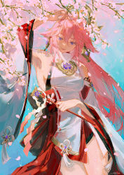 Rule 34 | 1girl, animal ears, armpits, bare shoulders, blue background, cherry blossoms, detached sleeves, falling petals, fox ears, genshin impact, gohei, hair between eyes, highres, holding, japanese clothes, kei (keiuu), long hair, nontraditional miko, petals, pink hair, purple eyes, signature, smile, solo, tassel, thighs, vision (genshin impact), wand, wide sleeves, yae miko