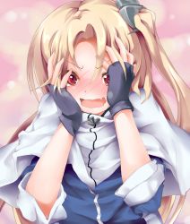 Rule 34 | 1girl, azur lane, blonde hair, blush, capelet, cleveland (azur lane), commentary request, embarrassed, fingerless gloves, gloves, hands on own face, long hair, looking at viewer, matamataro, one side up, red eyes, solo, wavy mouth