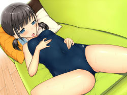 Rule 34 | 1girl, bad id, bad pixiv id, black hair, blue eyes, blush, couch, covered navel, kabocha head, lying, navel, one-piece swimsuit, open mouth, original, school swimsuit, short hair, short twintails, solo, sweat, swimsuit, twintails