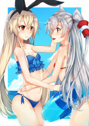 Rule 34 | 10s, 2girls, :d, amatsukaze (kancolle), bag, bare arms, bikini, black bow, blonde hair, blue bikini, blue sky, blush, border, bow, breasts, closed mouth, cowboy shot, eye contact, frilled bikini, frills, hair between eyes, hair tubes, hairband, hand on another&#039;s head, headpat, highres, innertube, kantai collection, long hair, looking at another, mhong, multiple girls, navel, o-ring, o-ring bikini, o-ring bottom, ocean, open mouth, orange eyes, outside border, profile, red bikini, shimakaze (kancolle), sky, small breasts, smile, stomach, strapless, strapless bikini, swim ring, swimsuit, two side up, white border