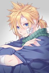 Rule 34 | 1boy, alternate costume, artist name, bandaged arm, bandages, bandaid, bandaid on cheek, bandaid on face, bandaid on forehead, blonde hair, blue eyes, blue jacket, blue pants, blush, character request, check character, closed mouth, cloud strife, commentary request, final fantasy, final fantasy vii, from side, furofuki daikon, grey background, hair between eyes, hair tie, jacket, leg up, looking at viewer, male focus, pants, short hair, short ponytail, short sleeves, solo, spiked hair, twitter username