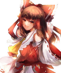 Rule 34 | 1girl, artist name, ascot, bare shoulders, bow, brown hair, curiosities of lotus asia, detached sleeves, dress, hair ornament, hair tubes, hakurei reimu, highres, hikage (0hi kageo), long hair, long sleeves, looking at viewer, open mouth, red bow, red dress, simple background, smile, solo, touhou, white background, wide sleeves, yellow ascot