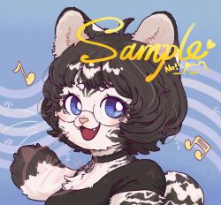 Rule 34 | 1girl, :d, animal ears, animal nose, artist name, beamed sixteenth notes, black hair, black shirt, blue background, blue choker, blue eyes, bob cut, choker, eighth note, fangs, furry, furry female, glasses, highres, hua hua de meme, looking at viewer, looking to the side, musical note, open mouth, original, portrait, sample watermark, semi-rimless eyewear, shirt, short eyebrows, short hair, smile, solo, t-shirt, tail, tiger ears, tiger girl, tiger tail, watermark, white fur