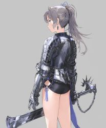 Rule 34 | armor, blue eyes, blue ribbon, bow, closed mouth, earrings, grey background, grey hair, hair bow, hair ornament, hair ribbon, hairclip, highres, hirooka masaki, holding, holding weapon, jewelry, long hair, looking at viewer, original, panties, ponytail, ribbon, standing, sword, underwear, weapon