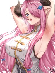 Rule 34 | 1girl, armpits, arms behind head, arms up, artist name, blue eyes, breasts, brown horns, commentary, curled horns, draph, granblue fantasy, hair ornament, hair over one eye, heavy breathing, highres, horns, large breasts, long hair, looking at viewer, mixed-language commentary, narmaya (granblue fantasy), pink hair, presenting armpit, shirt, solo, sweat, syyn (syyndev), upper body, watermark, white shirt