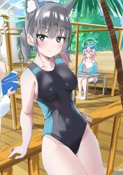 Rule 34 | 168admiral (sunflower), 3girls, absurdres, animal ear fluff, animal ears, black one-piece swimsuit, blue archive, blue eyes, breasts, competition swimsuit, covered navel, cowboy shot, cross hair ornament, extra ears, grey hair, hair ornament, halo, highres, hoshino (blue archive), hoshino (swimsuit) (blue archive), looking at viewer, low ponytail, medium breasts, medium hair, mismatched pupils, multicolored clothes, multicolored swimsuit, multiple girls, nonomi (blue archive), nonomi (swimsuit) (blue archive), official alternate costume, one-piece swimsuit, palm tree, railing, shiroko (blue archive), shiroko (swimsuit) (blue archive), smile, solo focus, swimsuit, table, tree, wolf ears