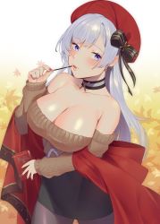 Rule 34 | 1girl, aran sweater, autumn leaves, azur lane, belfast (azur lane), belfast (shopping with the head maid) (azur lane), beret, black skirt, blush, brand name imitation, breasts, brown sweater, cable knit, choker, cleavage, collarbone, earrings, food, hair between eyes, hair ornament, hat, highres, holding, holding food, holding pocky, hoop earrings, jewelry, large breasts, long hair, looking at viewer, maitei roppa, nail polish, off-shoulder sweater, off shoulder, pantyhose, pocky, red hat, shawl, silver hair, skirt, smile, solo, sweater